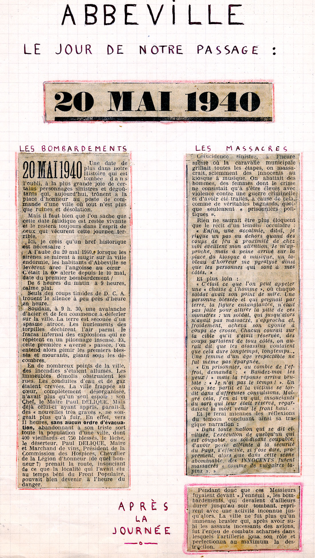 Coupures de presse relatant la prise d'Abbeville par les Allemands le 20 mai 1940.